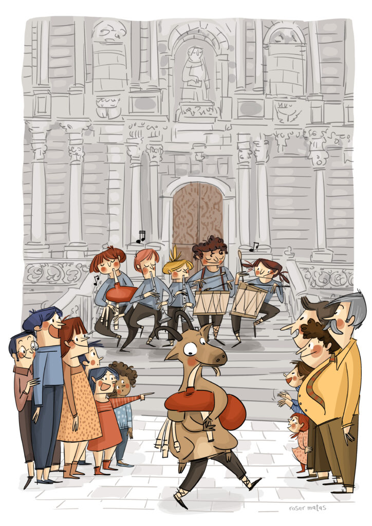 Un dibuix de la figura de la Cabreta al centre, rodejada de gent diversa. Just darrera i a les escales de Sant Esteve, un grup de músics amb instruments